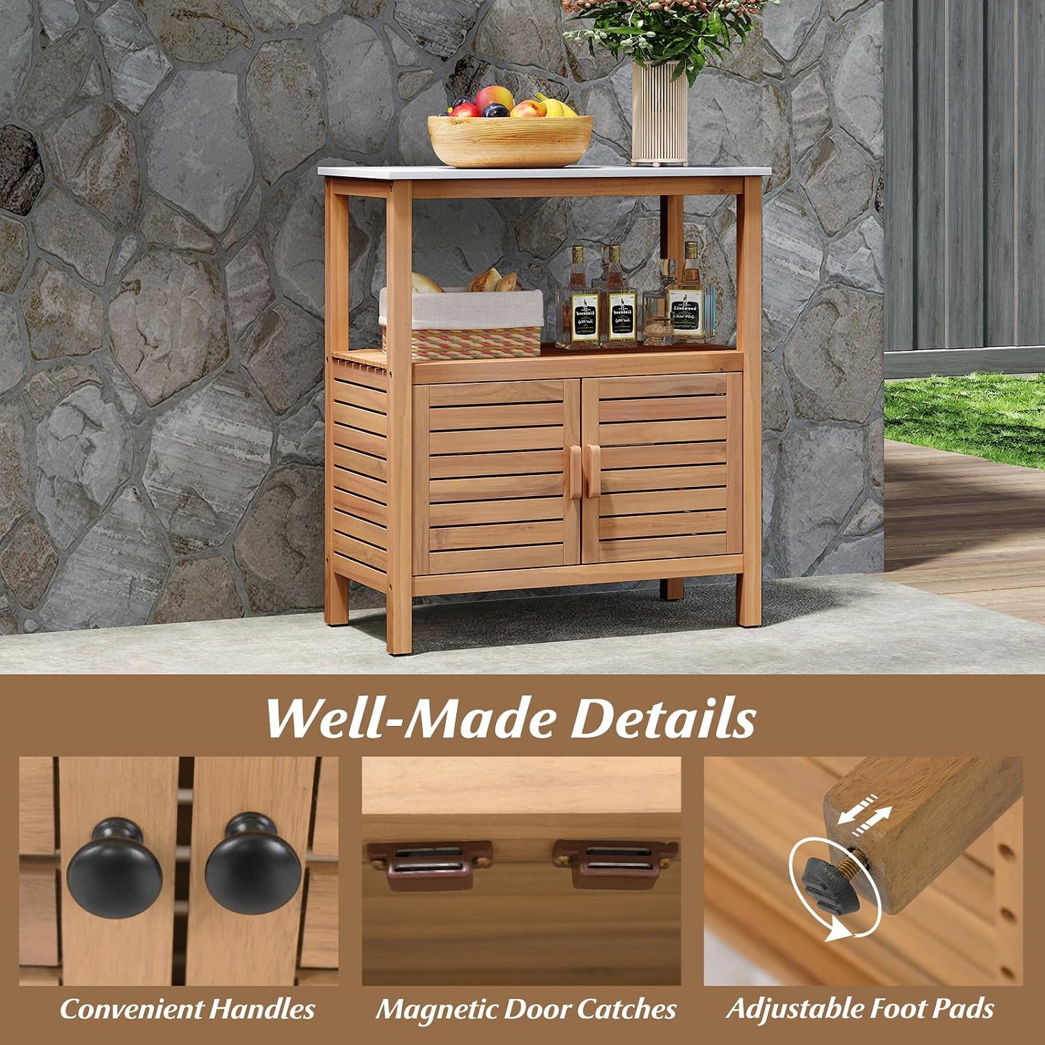 Goplus Patio Wood Storage Cabinet, Outdoor Acacia Wood Buffet Cabinet with Marble-Like Countertop, Open Shelf & 2 Doors, Sideboard Organizer for Outdoor Kitchen, Backyard, Garden