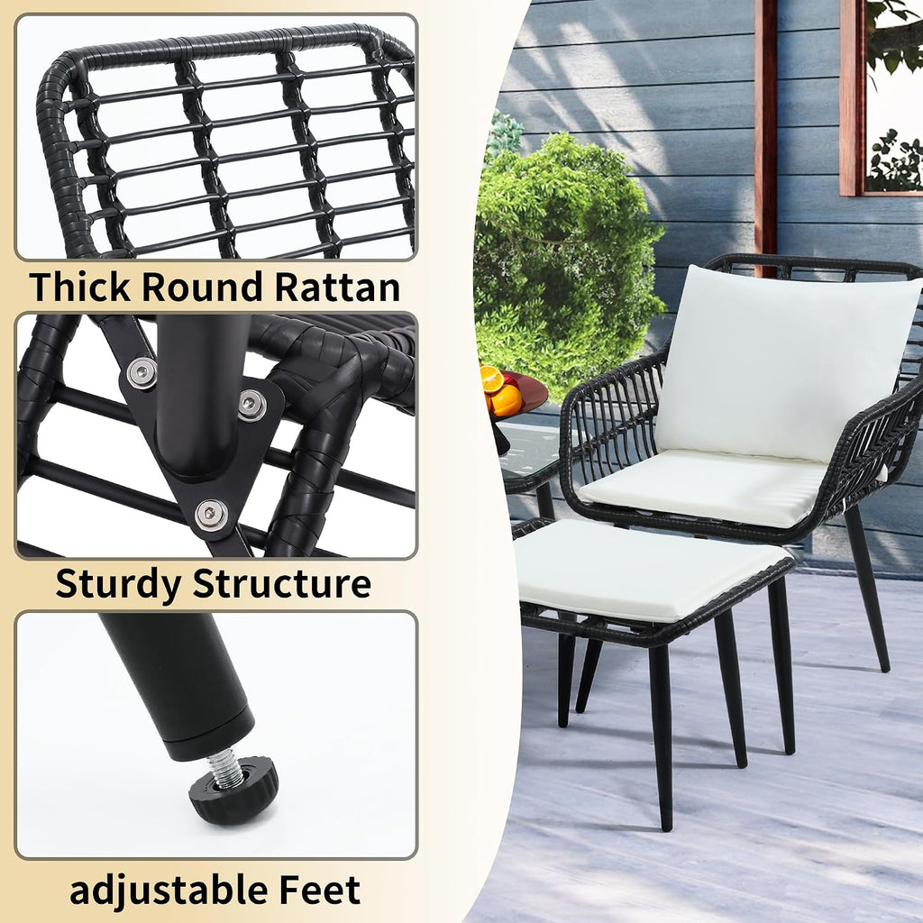 KROFEM 5 Piece Wicker Bistro Patio Conversation Furniture Set, Includes 2 Chairs, 2 Ottomans, and Side Table, Ideal for Porch, Balcony, Deck, Backyard, Black