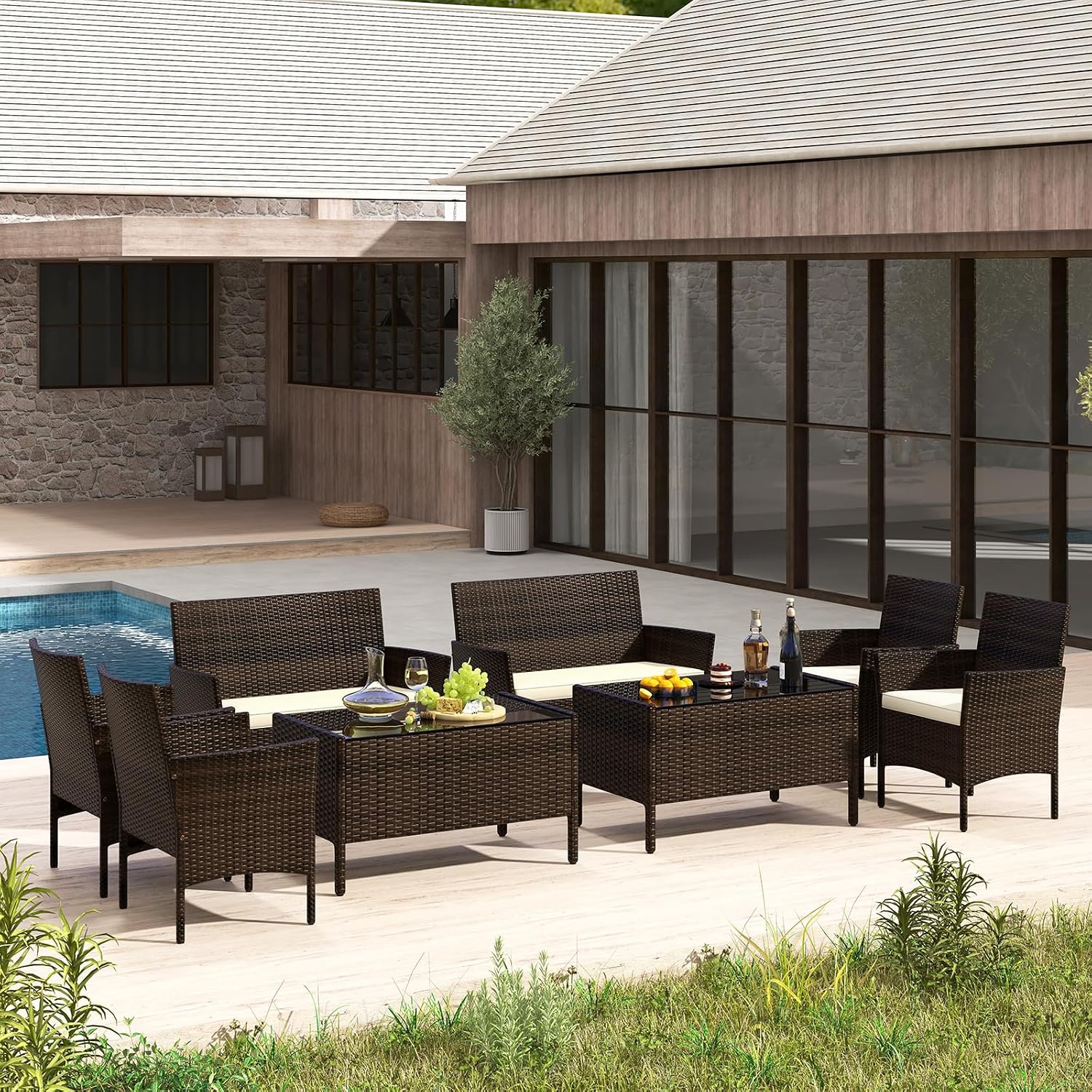 Tangkula 8 Piece Patio Rattan Conversation Set, Outdoor Wicker Furniture Set with Chair, Loveseat & Tempered Glass Table, Cozy Seat Cushions, Outside Sectional Sofa Set for Backyard, Porch (2, Beige)
