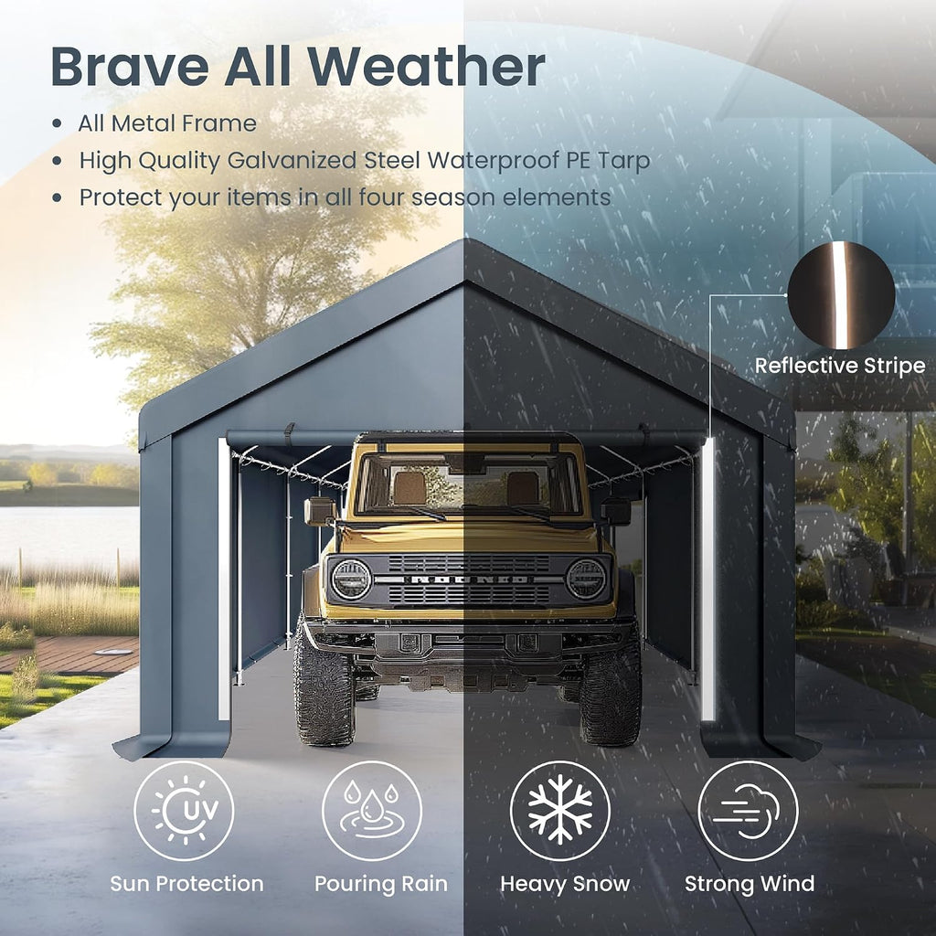 PHI VILLA 13X24ft Carport, Portable Carports Outdoor Storage Shelter Shed Garage Canopy with Roll up Zipper Doors & Vents Waterproof UV Resistant Garages Tent for Cars,Boats,Tools, Motorcycle, Gray