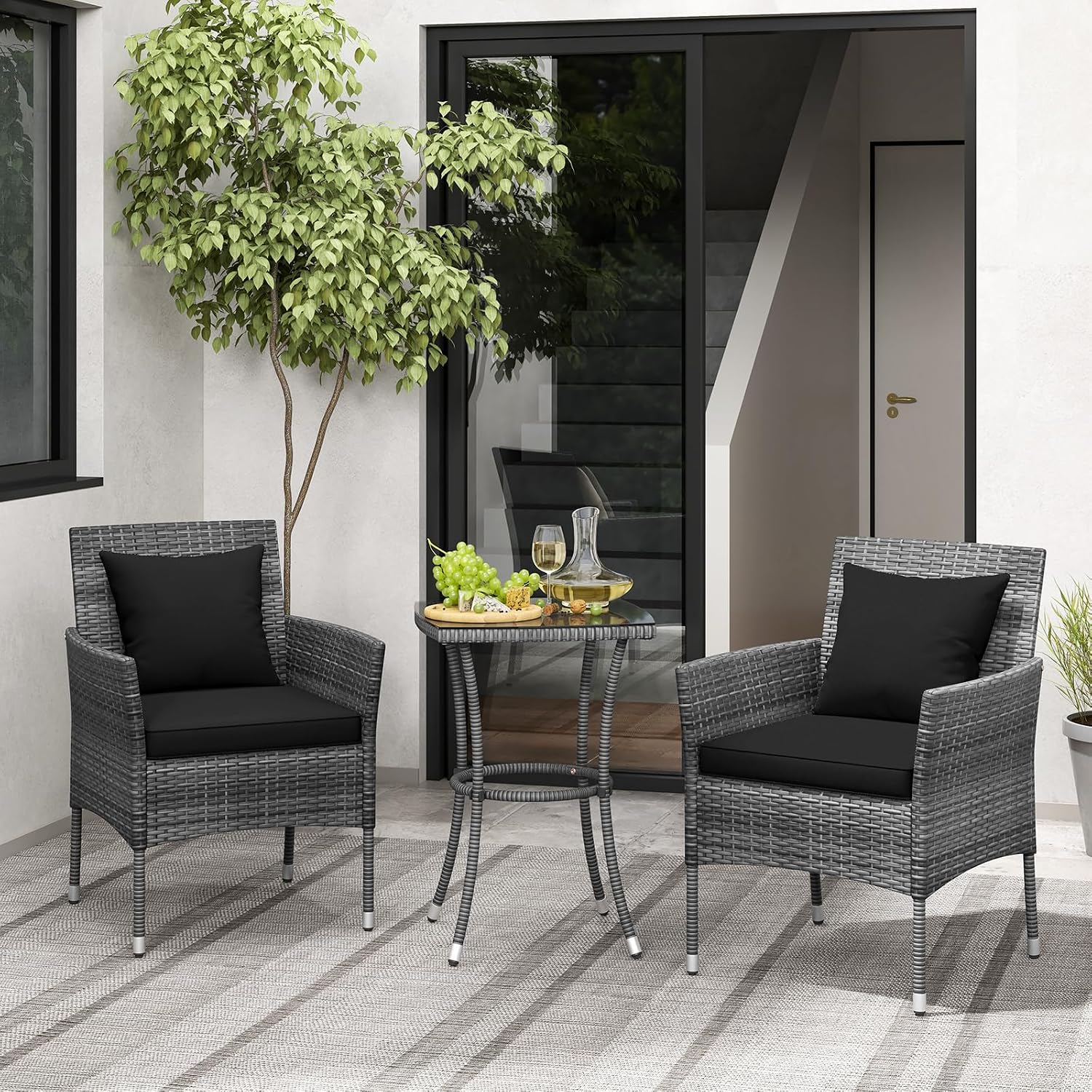 RELAX4LIFE 3-Piece Patio Furniture Set - Rattan Wicker Outdoor Furniture w/Cushions & Tempered Glass Coffee Table, Small Conversation Bistro Table and Chairs Set of 2 for Garden Porch Balcony (Black)