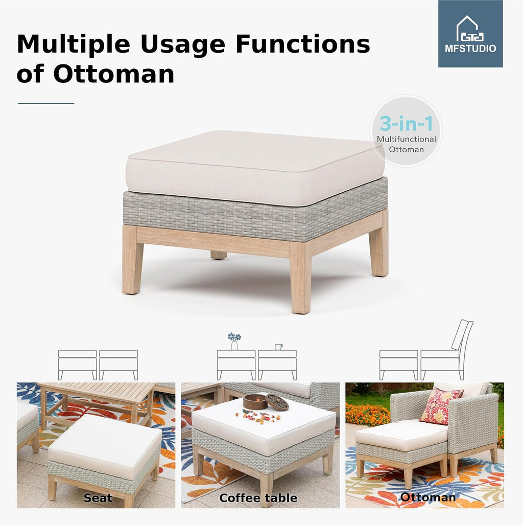 MFSTUDIO Wicker Patio Furniture Set, All Weather Rattan Outdoor Conversation Set with 2 Ottomans, 5 Pieces Patio Sectional Modular Sofa Couch Set with Wood Coffee Table, Beige Cushions