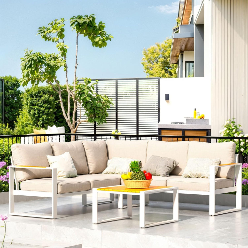 Aluminum Patio Furniture Set, All-Weather Outdoor Couch Sectional, L Shaped Patio Conversation Sets, Metal Corner Sofa with Teak Coffee Table (Cushion: Beige, White Frame)