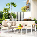 Aluminum Patio Furniture Set, All-Weather Outdoor Couch Sectional, L Shaped Patio Conversation Sets, Metal Corner Sofa with Teak Coffee Table (Cushion: Beige, White Frame)