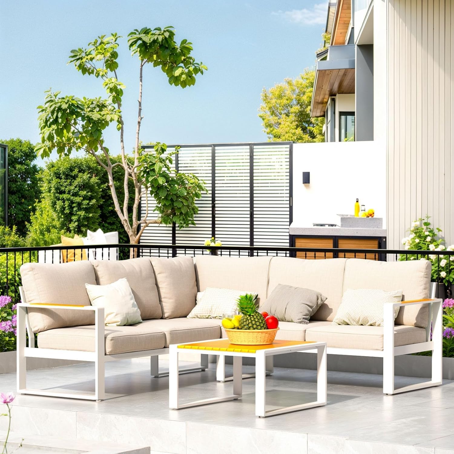 Aluminum Patio Furniture Set, All-Weather Outdoor Couch Sectional, L Shaped Patio Conversation Sets, Metal Corner Sofa with Teak Coffee Table (Cushion: Beige, White Frame)