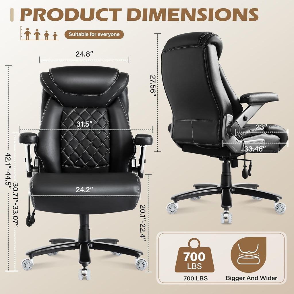 700lbs Big and Tall Office Chair-Adjustable Lumbar Support, Ergonomic PU Heavy Duty Executive Office Chair with 5D Flip Arms&Dual Rubber Wheel,Large Thick Padded Extra Wide Seat Game Chair,Black