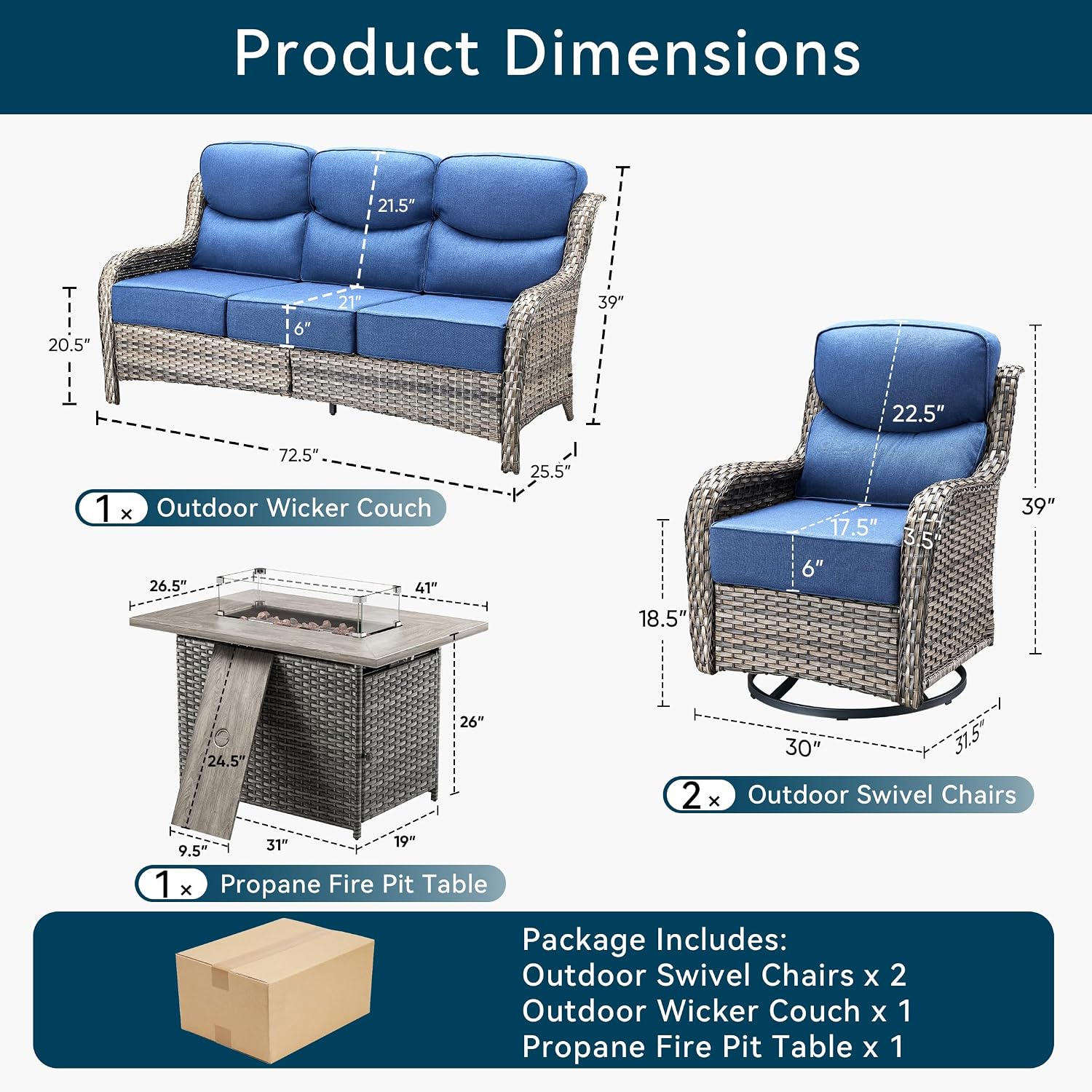 Luxury High Back Outdoor Furniture 6-Inch Thick Cushions with 50,000 BTU Gas Propane Fire Pit Tablet, Patio Furniture Set with Swivel Chairs, for Porch, Balcony, Deck and Yard