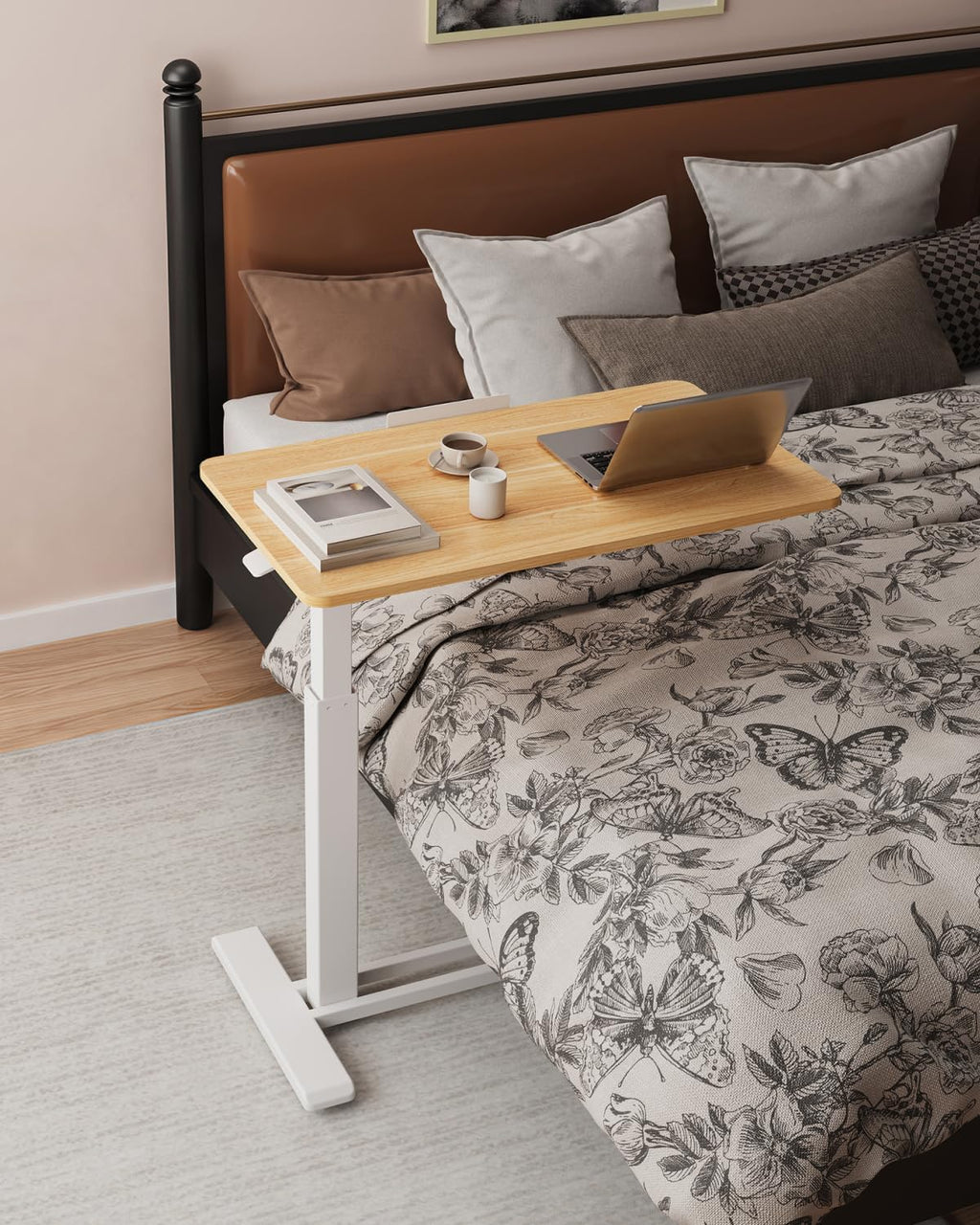 FLEXISPOT H7 PRO Mobile Standing Desk Adjustable Overbed Table Pneumatic with Wheels 55°Tiltable Portable Laptop Desk Rolling Computer Cart Foldable Bedside Table(27.6' W x 15.7' D, Maple)