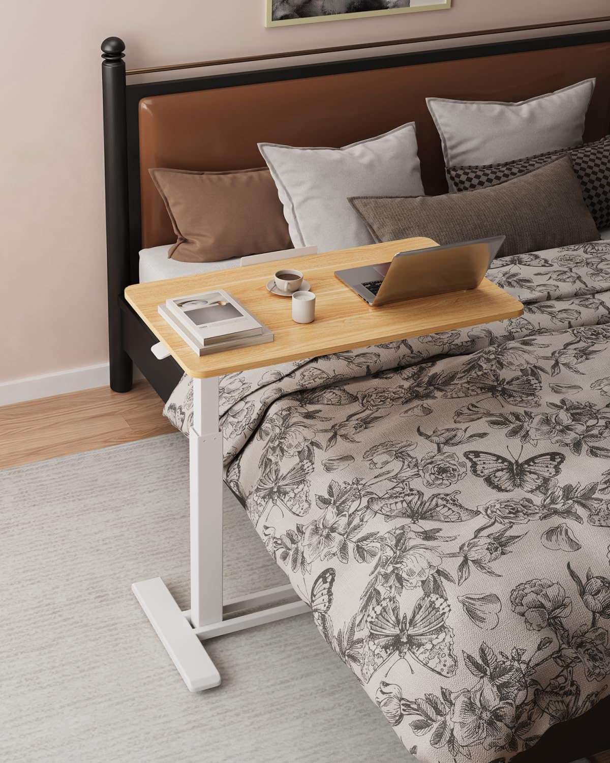 FLEXISPOT H7 PRO Mobile Standing Desk Adjustable Overbed Table Pneumatic with Wheels 55°Tiltable Portable Laptop Desk Rolling Computer Cart Foldable Bedside Table(27.6' W x 15.7' D, Maple)