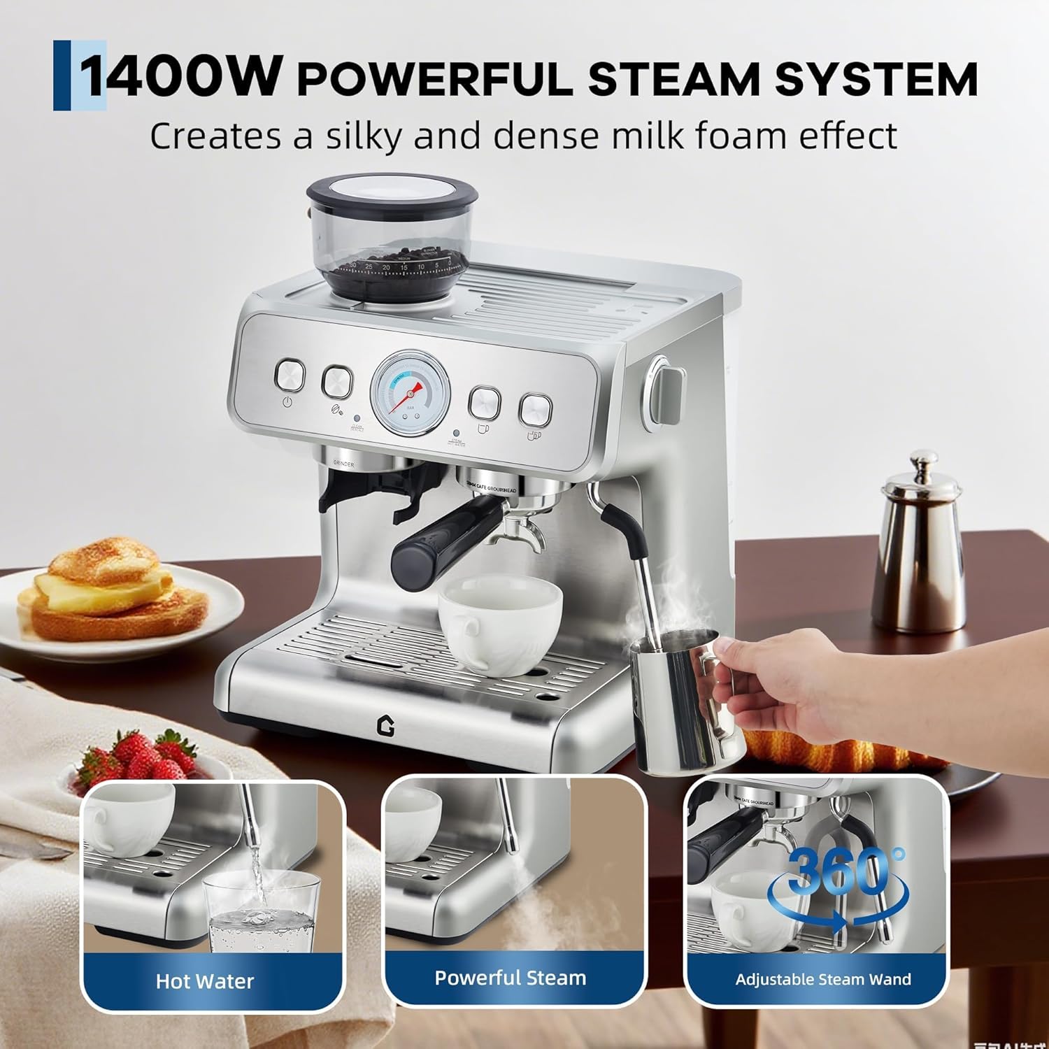 20-Bar Espresso Machine with Grinder – Stainless Steel Coffee Maker – 2.8L Removable Tank, 30 Grind Settings, Adjustable Shot Volume, Milk Frother Steam Wand for Home or Office