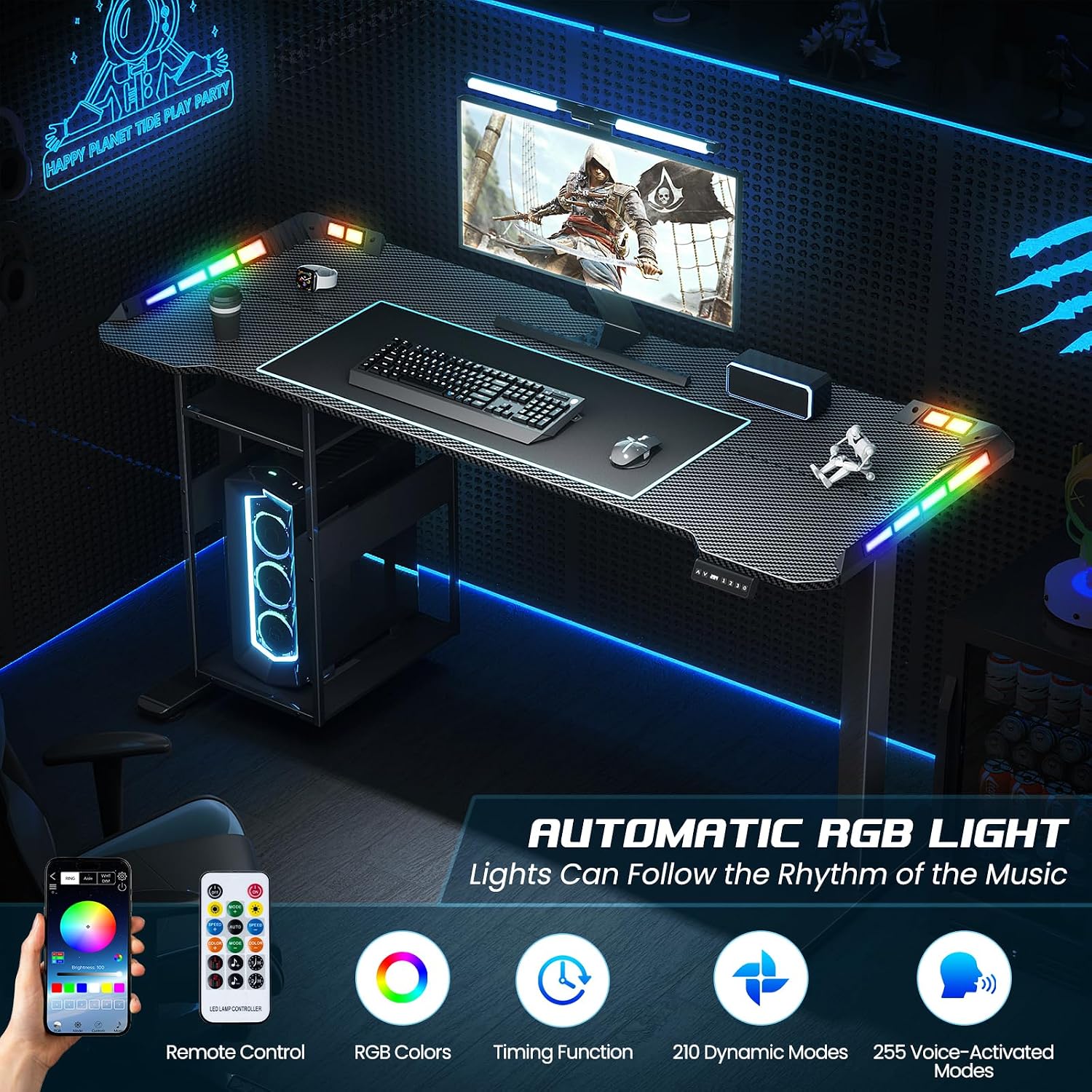 Electric Gaming Desk with LED Lights & Host Shelf, 55' x 24' Gaming Standing Table with Music Sensing APP Control, Underdesk Cable Storage Stand Up Table, Black Carbon Fiber PC Desk for Home Office