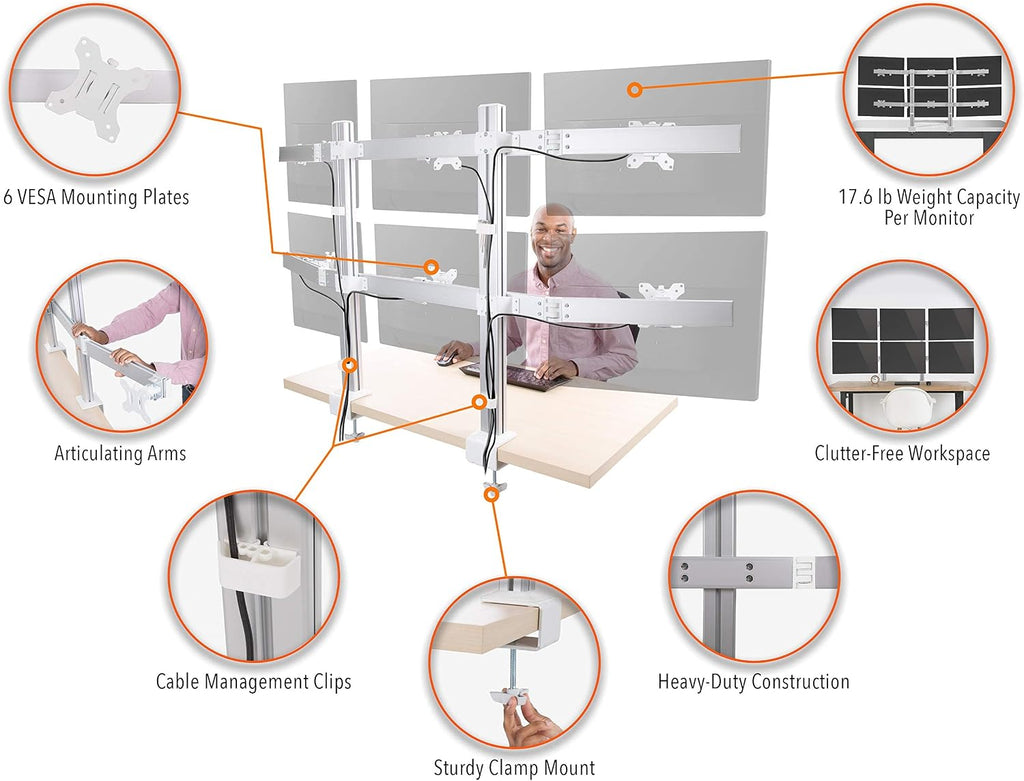 Stand Steady 6 Monitor Mount Desk Setup - Heavy-Duty Height Adjustable Monitor Stand, Swivel Arm with Clamp-On Base, 6 Screen VESA Mount Fits Most LCD/LED Monitors 17-32 in. (Silver, 6 Mounts)