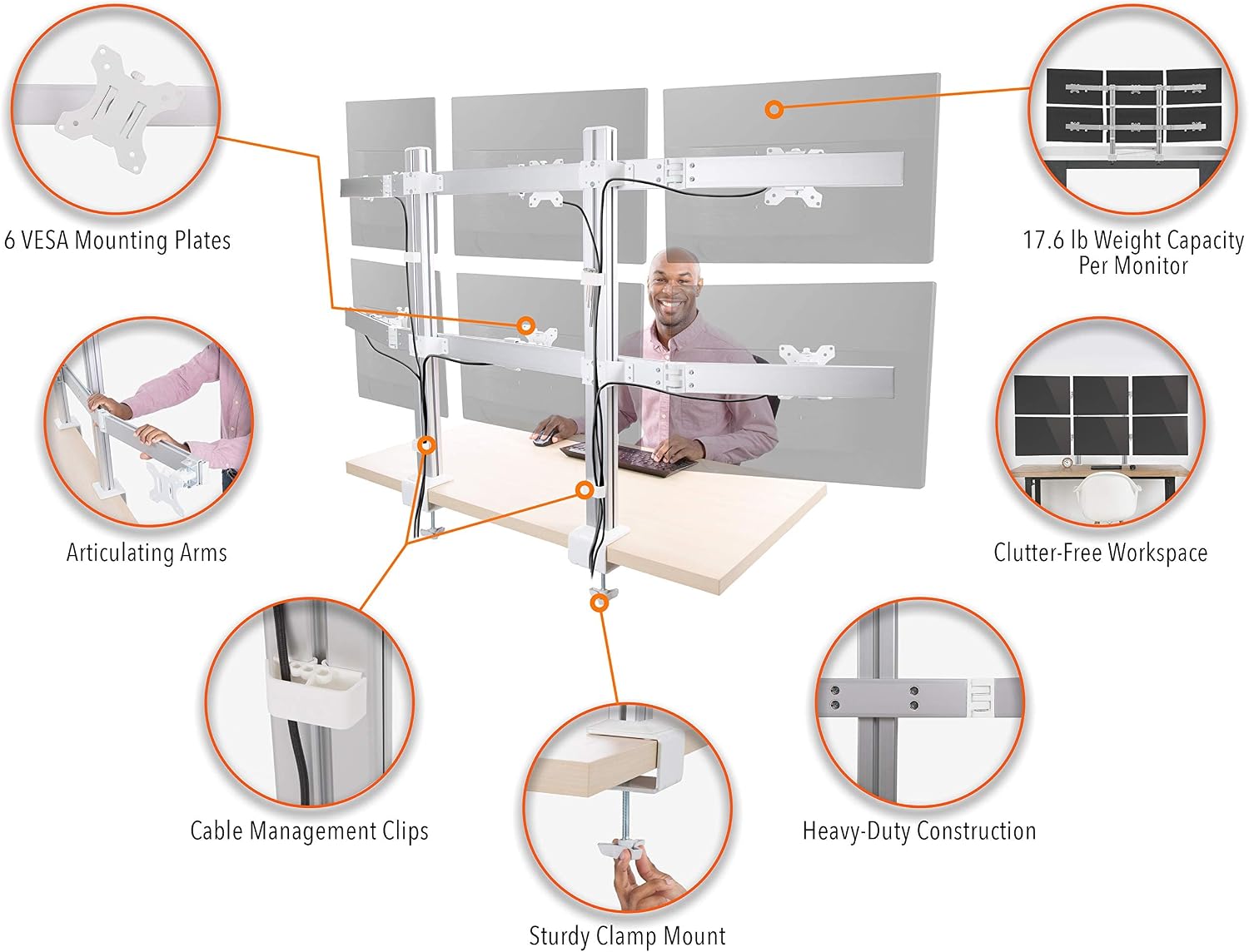 Stand Steady 6 Monitor Mount Desk Setup - Heavy-Duty Height Adjustable Monitor Stand, Swivel Arm with Clamp-On Base, 6 Screen VESA Mount Fits Most LCD/LED Monitors 17-32 in. (Silver, 6 Mounts)