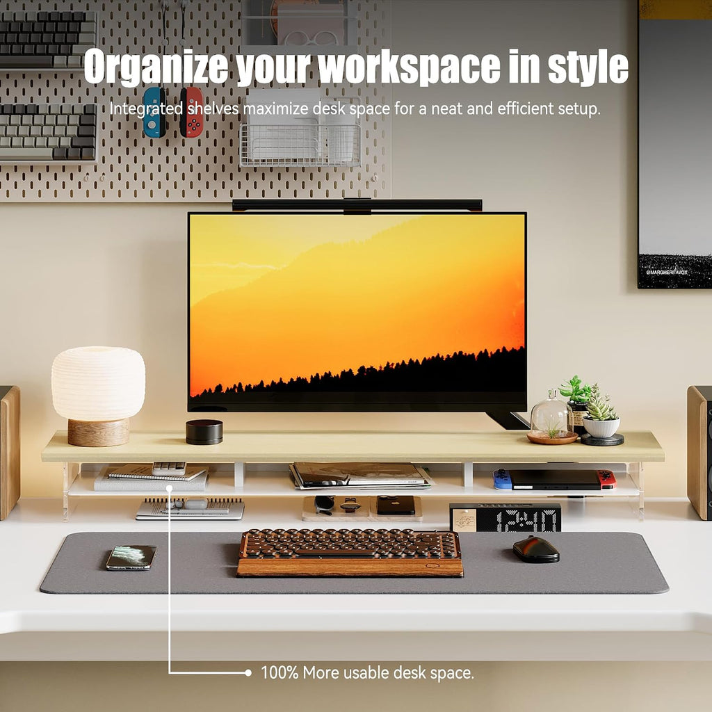FENSULN Dual‑Tier Monitor Stand for Modern Desk Setup – Minimalist Wooden and Metal Riser Shelf with Transparent Acrylic Feet for Dual Monitors, Laptops, Home Office Aesthetic，Beige and White