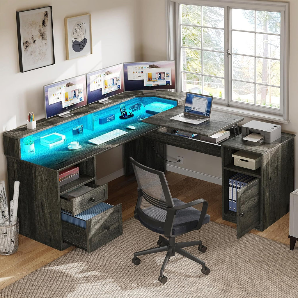 YITAHOME L Shaped Desk with Power Outlets & LED Lights, 60' Corner Computer Desk with Drawers & Lift Top, Home Office Desk with Monitor Stand & File Cabinet, Wood Height Adjustable Desk, Grey