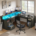 YITAHOME L Shaped Desk with Power Outlets & LED Lights, 60' Corner Computer Desk with Drawers & Lift Top, Home Office Desk with Monitor Stand & File Cabinet, Wood Height Adjustable Desk, Grey