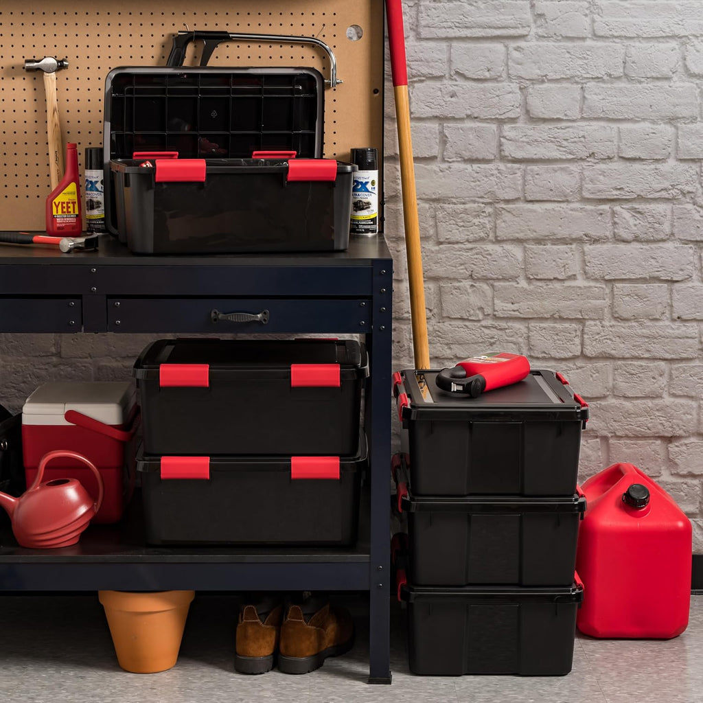 IRIS USA WeatherPro 31 Qt Storage Bins with Lids, 6 Pack, BPA-Free Plastic Gasket Box with Tight Latch and Seal, Stackable Nestable Tote Tub - Black/Red