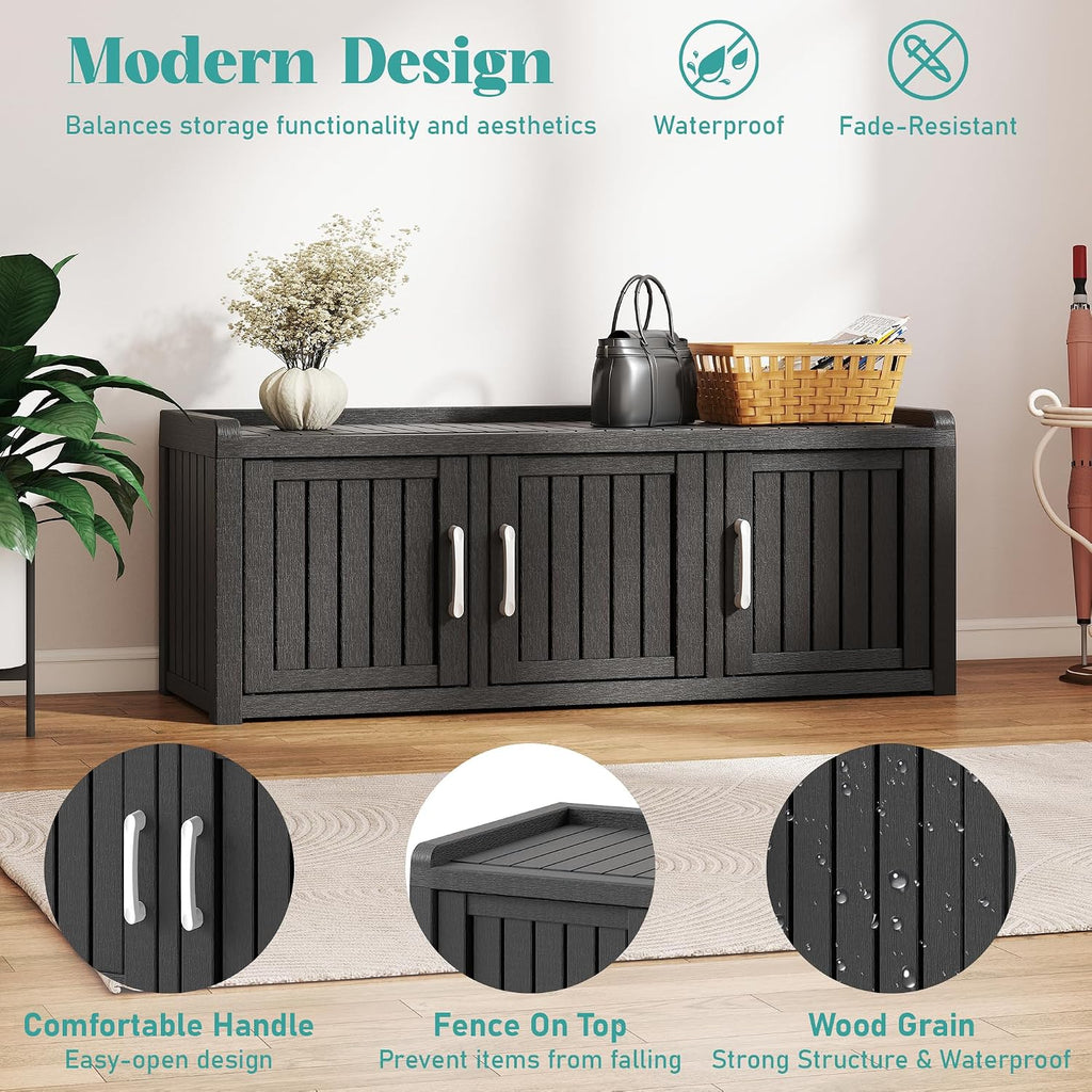 KAMABOKO Outdoor Shoe Storage Cabinet Waterproof UV-Resistant, Entryway Storage Bench Indoor Outdoor with 3 Barn Doors, Adjustable Shelves for Entryway, Bedroom, Hallway,Living Room(Black)