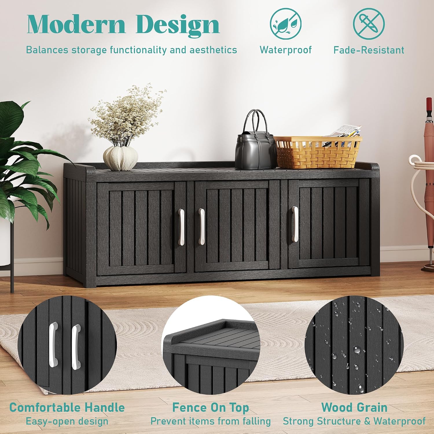 KAMABOKO Outdoor Shoe Storage Cabinet Waterproof UV-Resistant, Entryway Storage Bench Indoor Outdoor with 3 Barn Doors, Adjustable Shelves for Entryway, Bedroom, Hallway,Living Room(Black)
