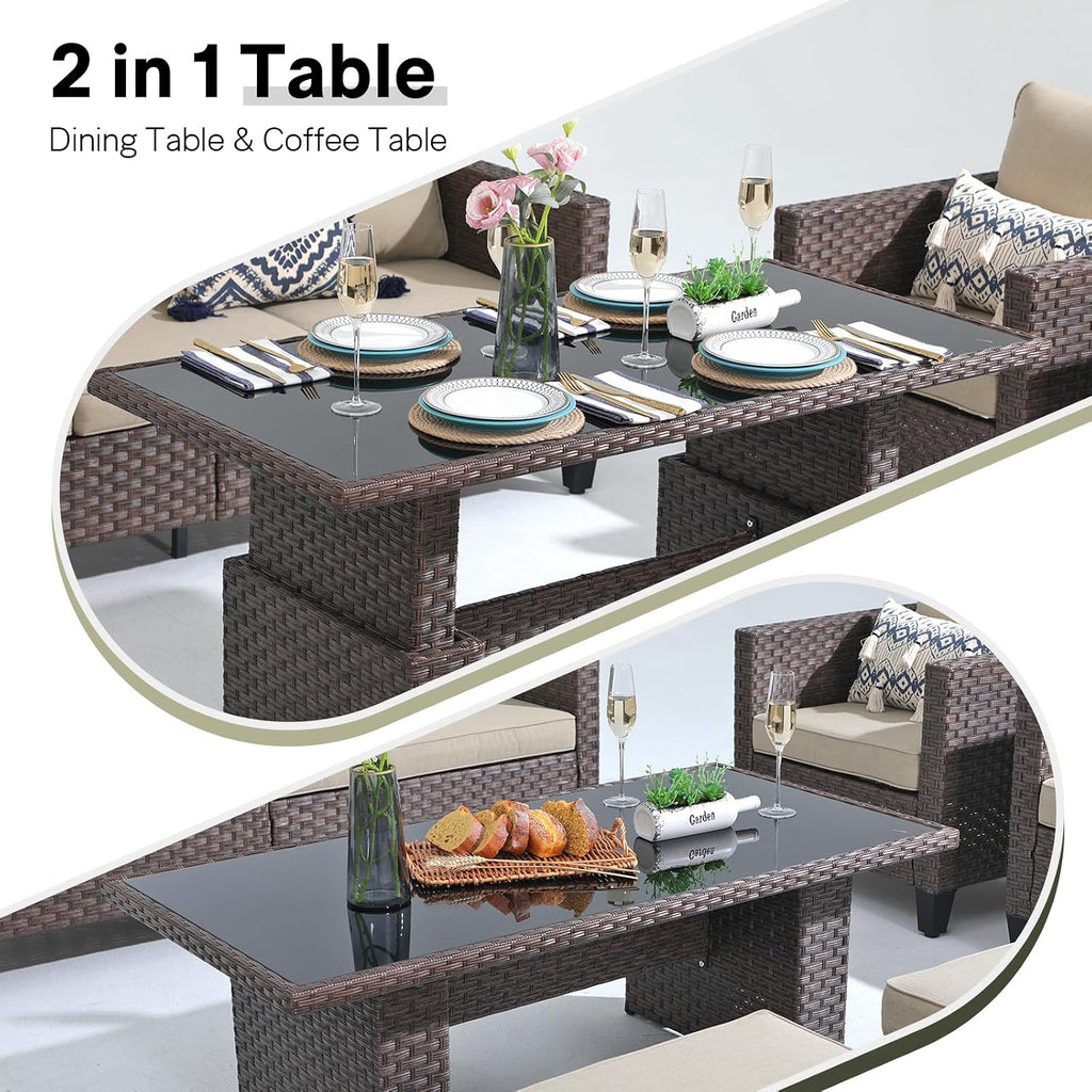 SUNSITT Outdoor Patio Furniture Set 4 Piece Wicker Conversation Set with Lift Coffee Table Sectional Dining Set 3 Seat Sofa Couch with Club Chair, Brown Wicker & Beige Cushion