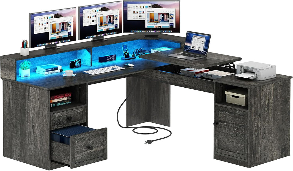 DWVO L Shaped Desk with Drawers, 60' Corner Computer Desk with Power Outlets & Lift Top, Home Office Desk with Storage Cabinet & LED Lights, Wood Desk, Height Adjustable Desk, Grey