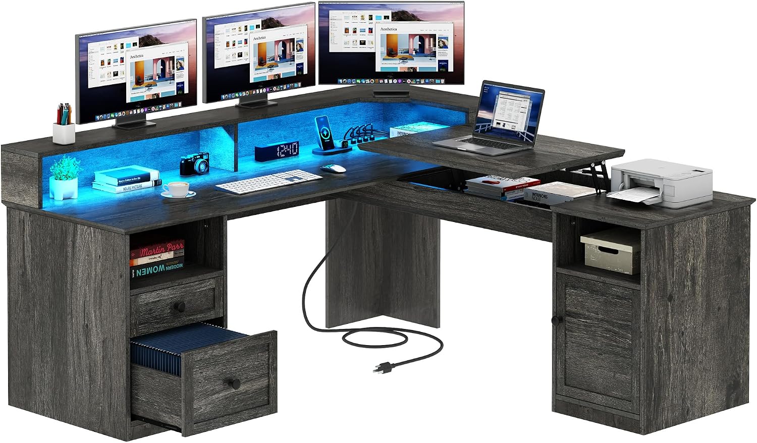 DWVO L Shaped Desk with Drawers, 60' Corner Computer Desk with Power Outlets & Lift Top, Home Office Desk with Storage Cabinet & LED Lights, Wood Desk, Height Adjustable Desk, Grey