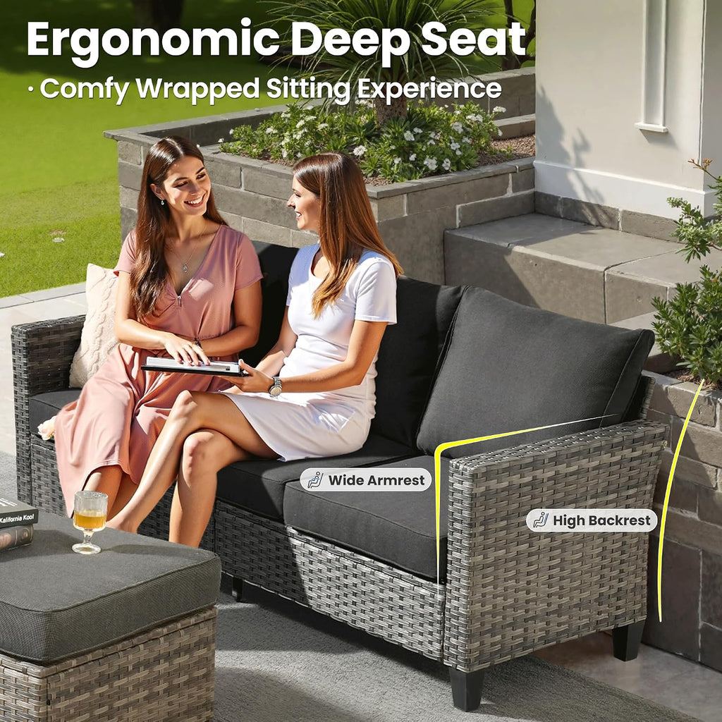 ovios Patio Sofa 3 Pieces Patio Furniture Set Outdoor Wicker Sofa Couch with Ottomans Thick Cushions, All Weather Rattan Conversation Set for Porch Backyard Deck, Black