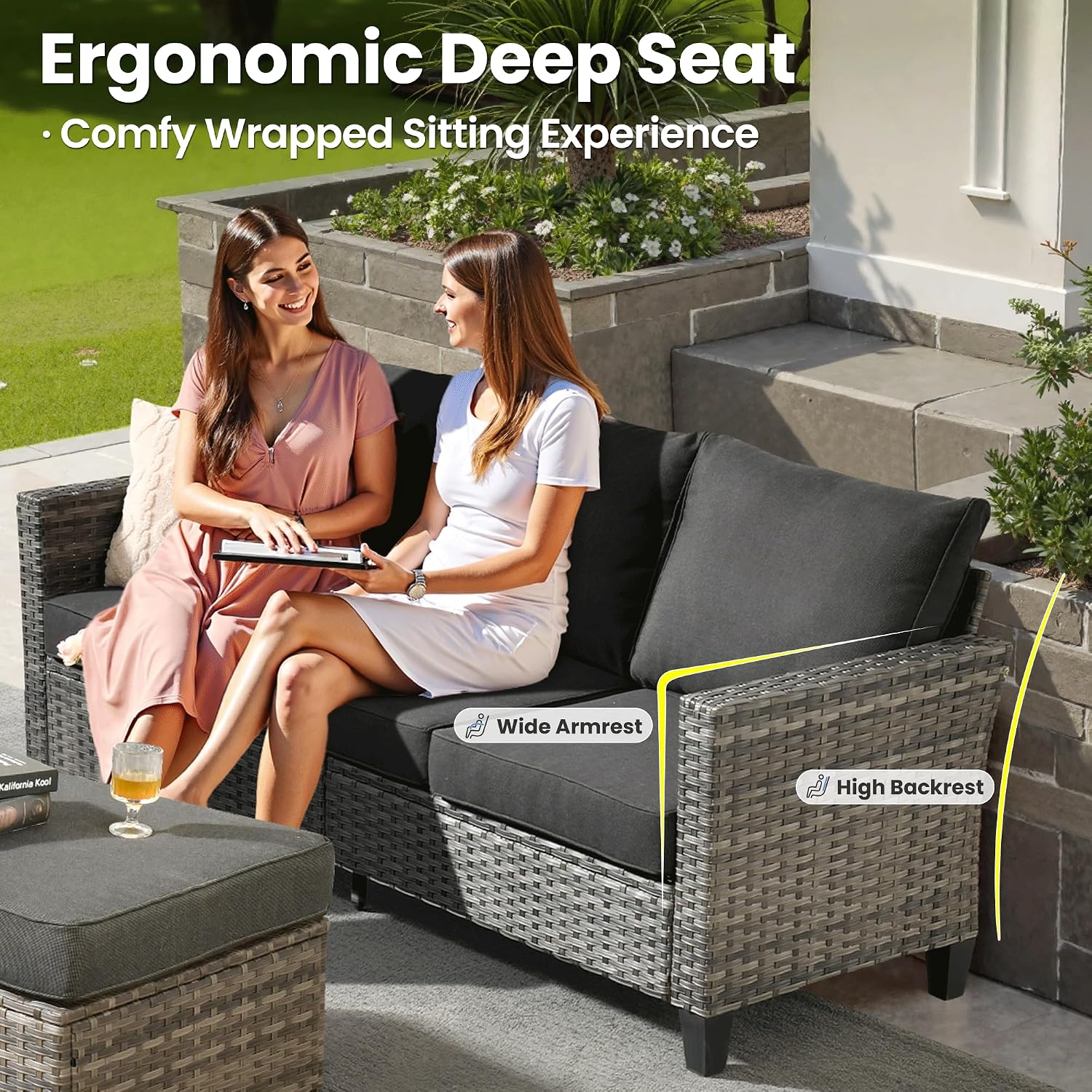 ovios Patio Sofa 3 Pieces Patio Furniture Set Outdoor Wicker Sofa Couch with Ottomans Thick Cushions, All Weather Rattan Conversation Set for Porch Backyard Deck, Black