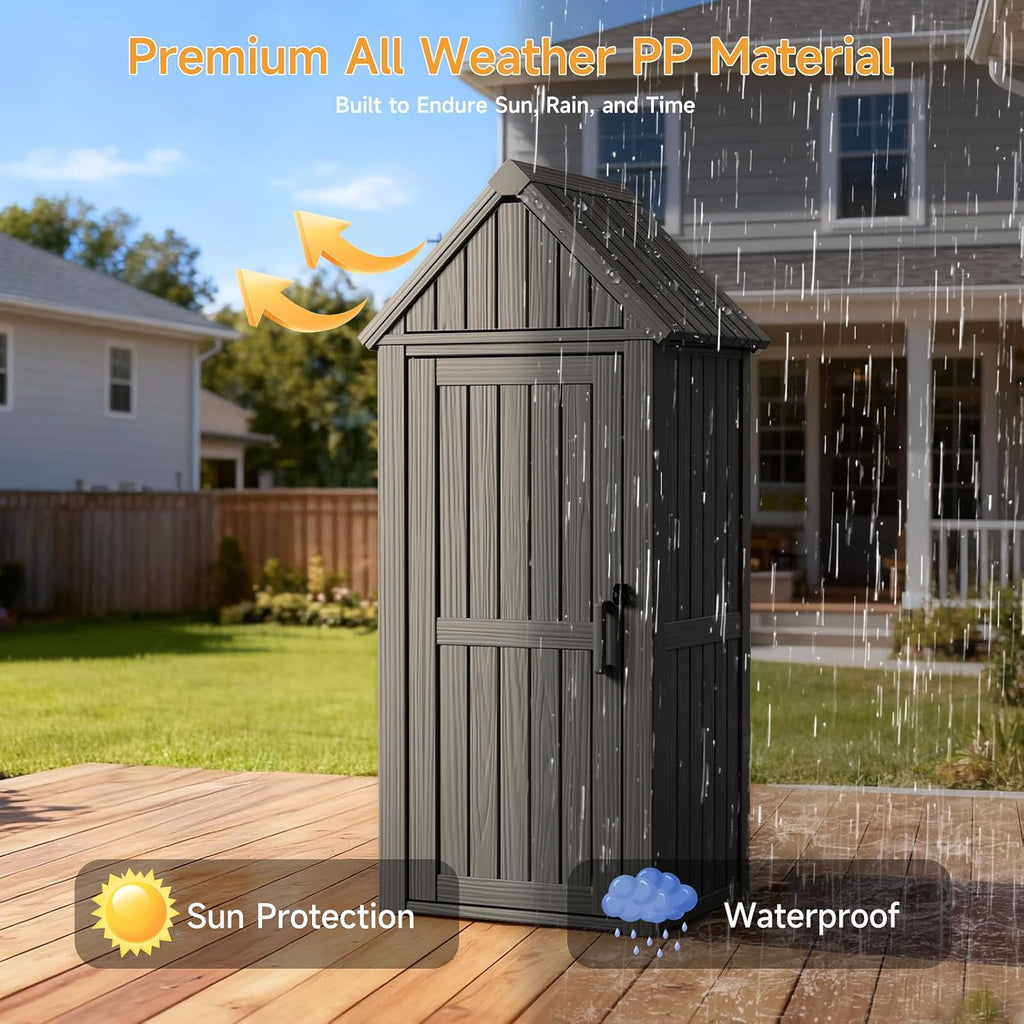 Outdoor Resin Storage Shed, Outdoor Storage Cabinet Waterproof with Hooks and Lock Ring, Multifunctional Storage Shed with Floor and Removable Shelves, All Weather Tool Shed for Patio, Lawn, Brown