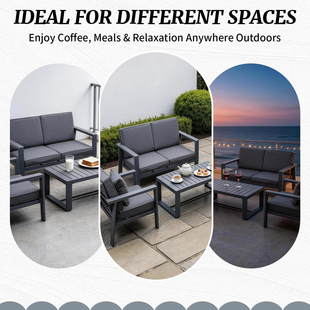Aluminum Patio Furniture Set, Modern Metal Outdoor Conversation Sectional Sofa with Washable Thick Cushions, Coffee Table and Waterproof Cover (Grey, 1088-4seat)