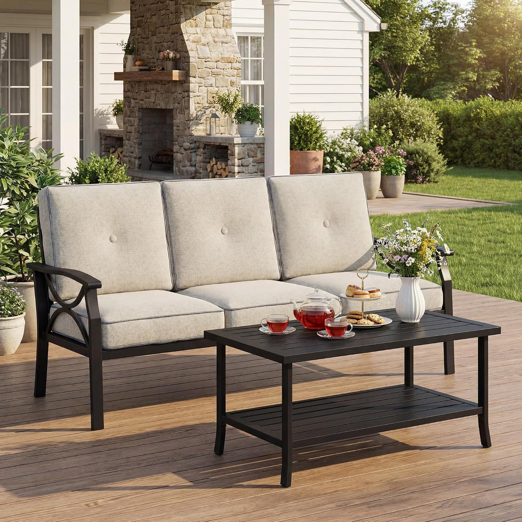 FansaFurn 3 Seats Outdoor Patio Furniture Set, Outdoor Metal Sectional Furniture with Cushions, Outdoor Conversation Set with Coffee Table for Backyard, Garden, Deck, Balcony, Black