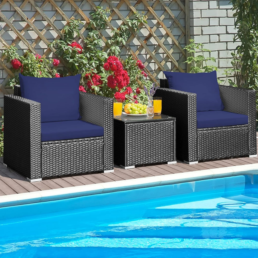 HAPPYGRILL 3-Piece Patio Furniture Set Rattan Wicker Patio Conversation Set with Coffee Table and Cushions Outdoor Sofa Set for Garden Balcony Porch Poolside