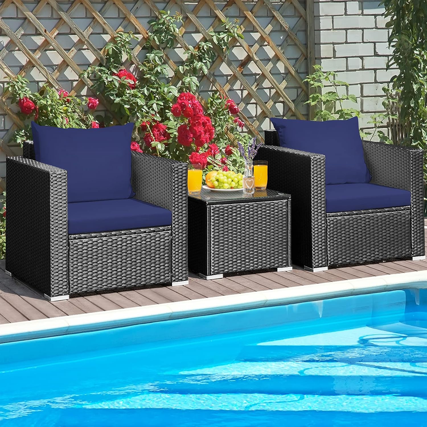 HAPPYGRILL 3-Piece Patio Furniture Set Rattan Wicker Patio Conversation Set with Coffee Table and Cushions Outdoor Sofa Set for Garden Balcony Porch Poolside