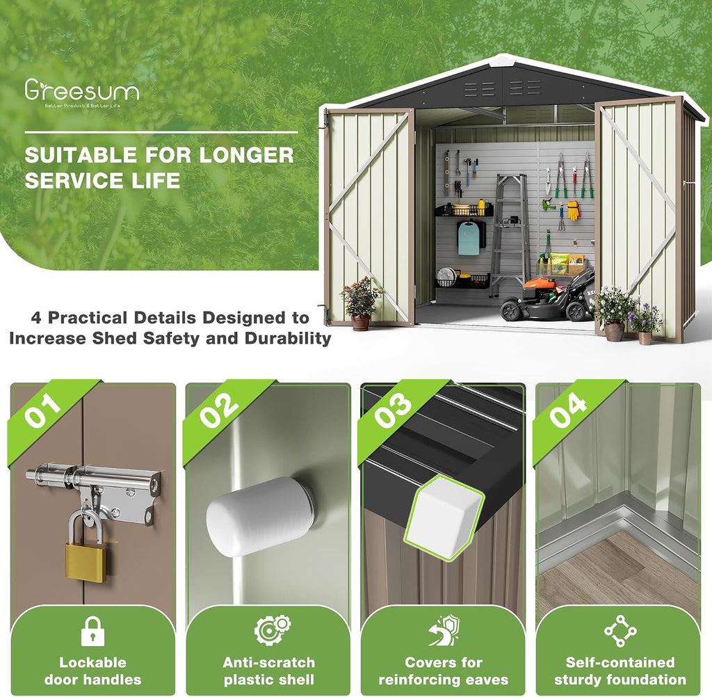 Greesum 8x6FT Outdoor Storage Shed, Utility Tool Shed with Sloping Roof, Metal Storaged Garden Shed with Door & Lock for Patio Storage, Brown