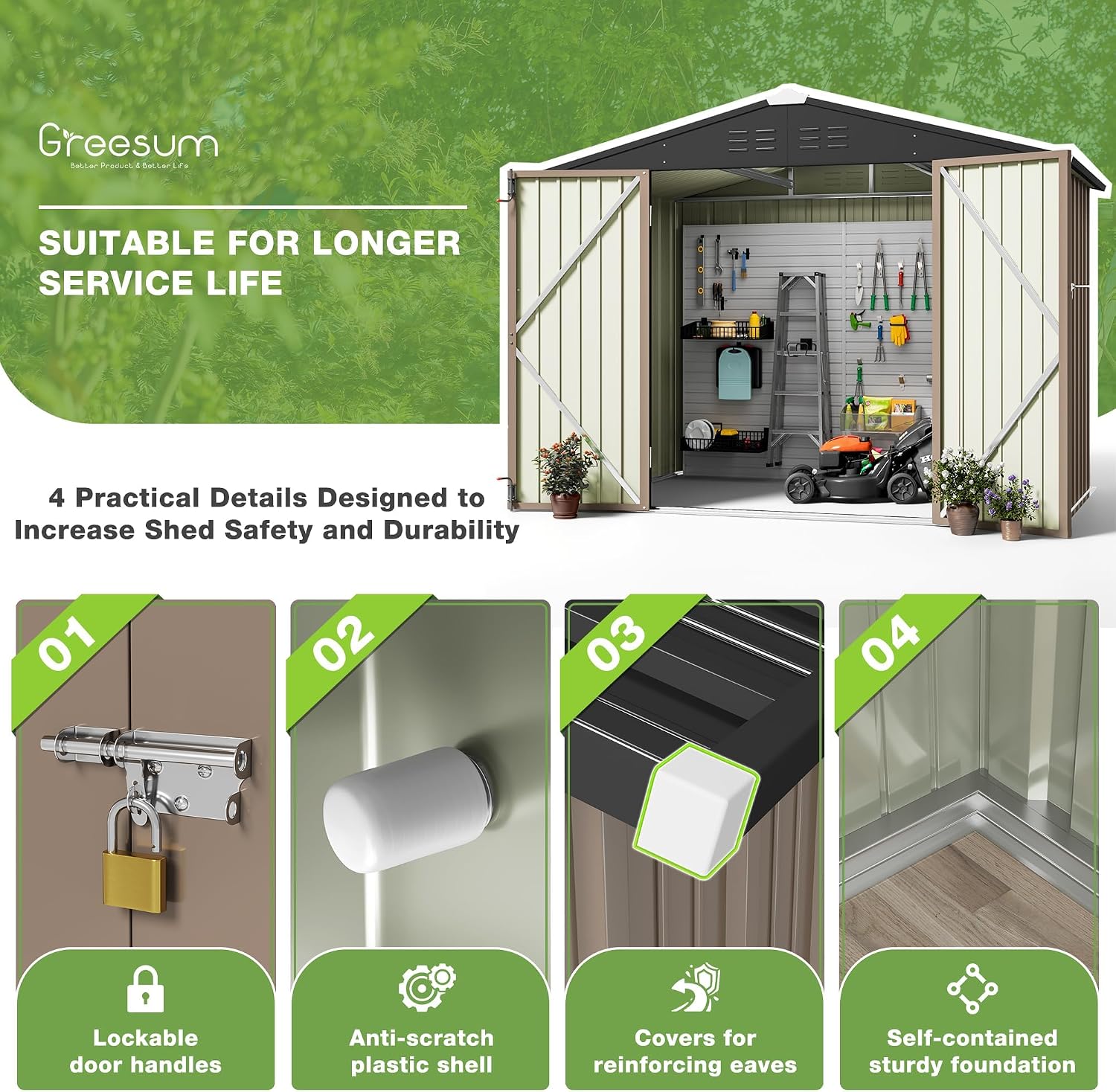 Greesum 8x6FT Outdoor Storage Shed, Utility Tool Shed with Sloping Roof, Metal Storaged Garden Shed with Door & Lock for Patio Storage, Brown