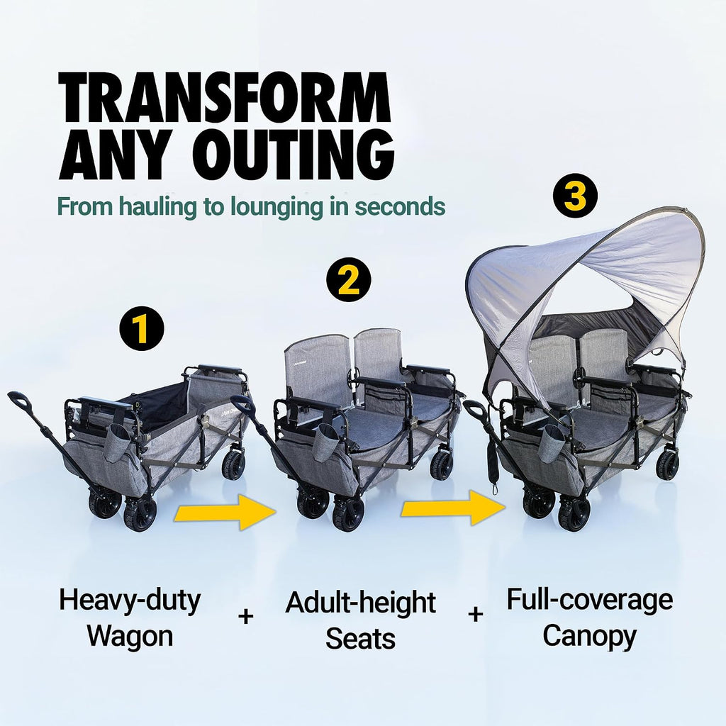 Lawn Chariot, Folding Wagon with 2 Adult Seats & UPF 50+ Canopy, Under-Seat Storage, All-Terrain Wheels, Black Canopy