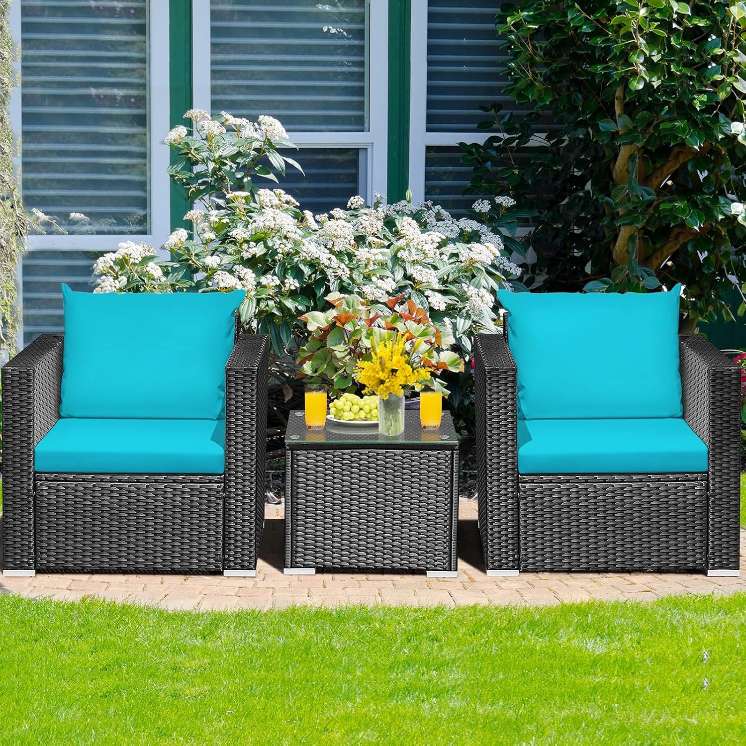 HAPPYGRILL 3 Pieces Rattan Patio Conversation Set, PE Wicker Patio Furniture Set with Coffee Table and Cushions, Outdoor Sofa Set for Garden Balcony Porch Poolside