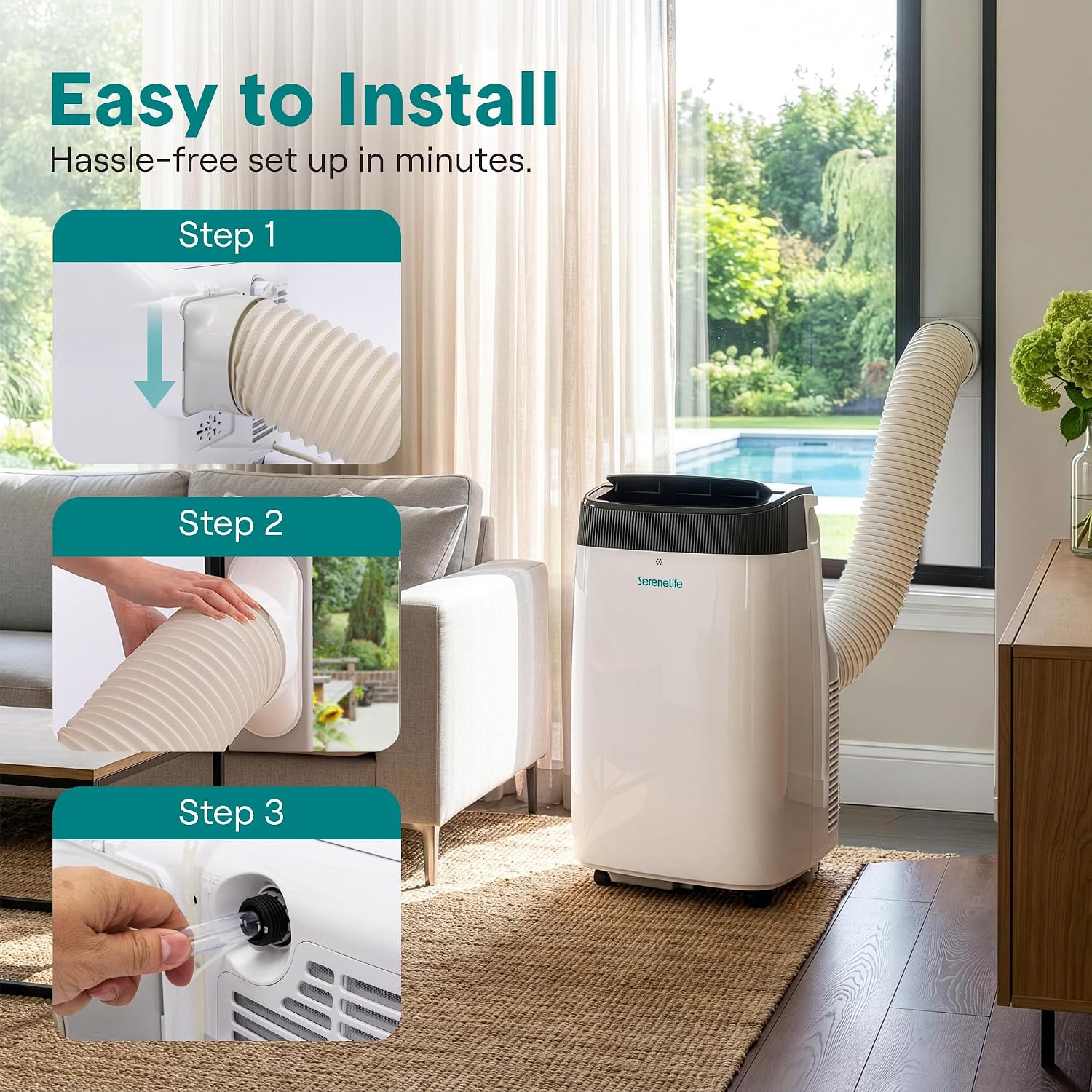 SereneLife Small Air Conditioner Portable 10,000 BTU with Built-in Dehumidifier - Portable AC unit for rooms up to 450 sq ft - Remote Control, Window Mount Exhaust Kit