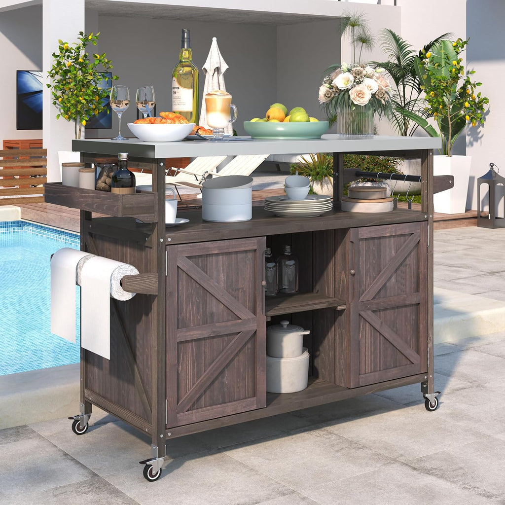 50.25' W Grill Cart with Stainless Steel Tabletop - Outdoor Storage Cabinet for BBQ, Bar Patio Kitchen Island with Ample Storage and Lockable Wheels