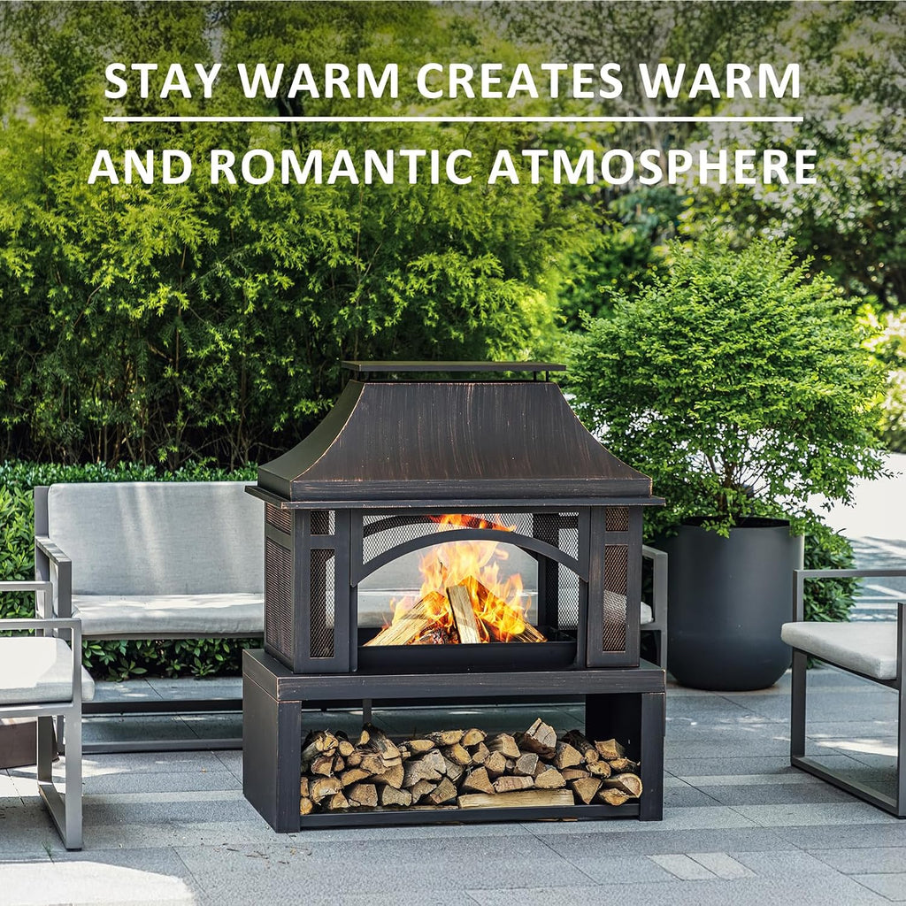39' Fire Pits with Wood Storage for Outside, Large Wood Burning Outdoor Fireplace with Chimney, Mesh Spark Screen & Fire Poker, Idea for Backyard, Patio, Party, Camping, Picnic