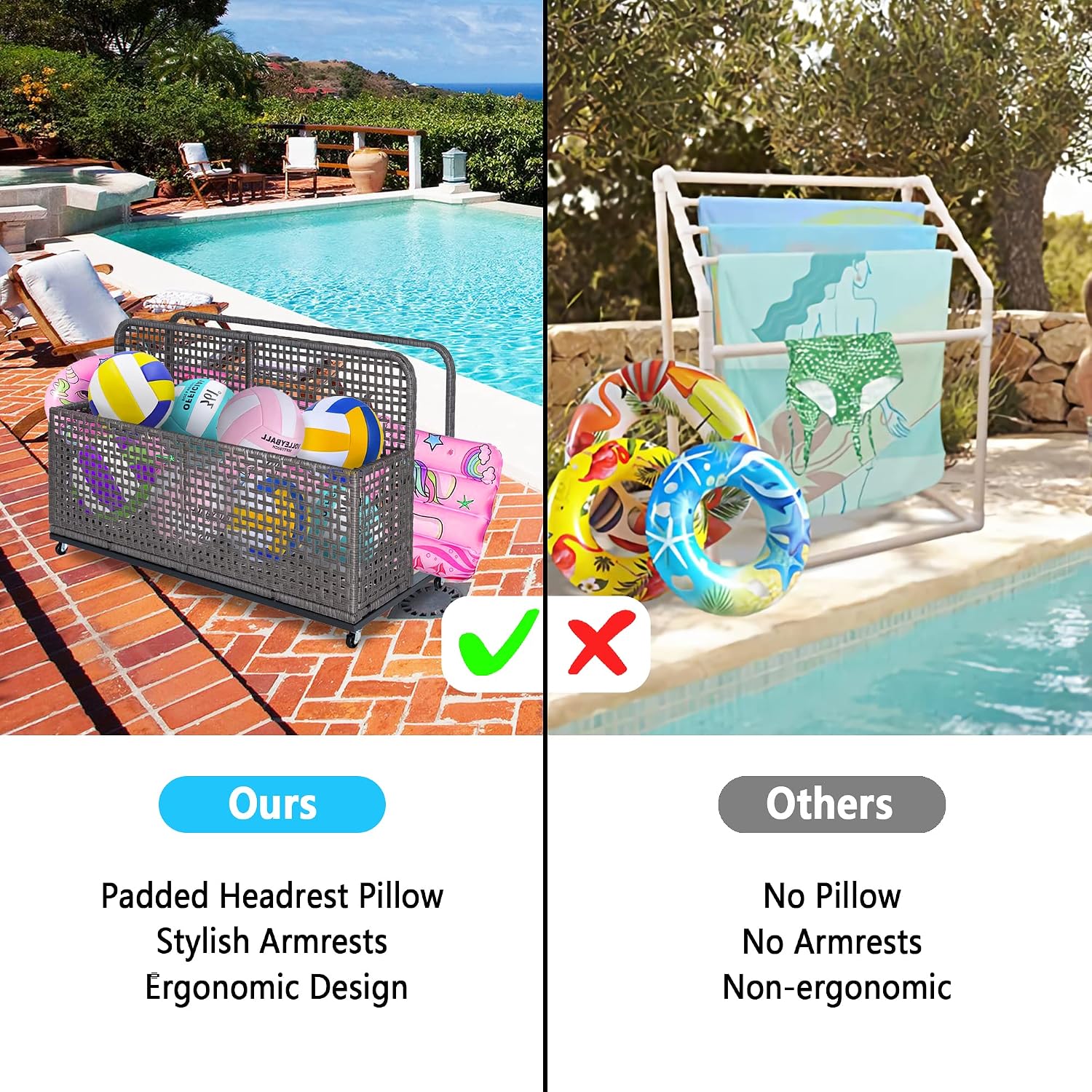 Poolside Float Storage, Outdoor Storage, Patio Poolside Float Storage Basket, Storage Box, PE Rattan Outdoor Pool Caddy with Rolling Wheels for Floaties, Patio, Pool, Beach-Sturdy & Movable,