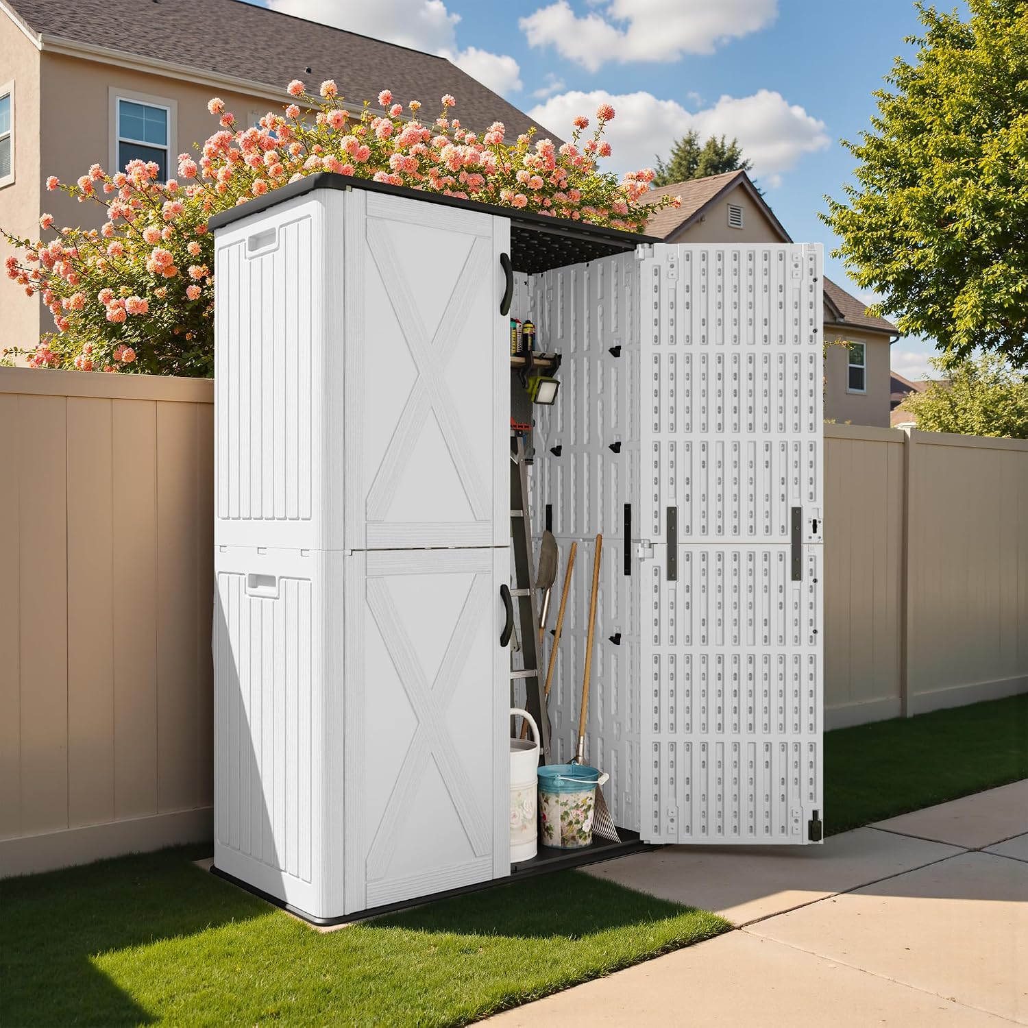 Devoko 50 Cu.ft Outdoor Storage Cabinet - Vertical Resin Storage Shed - Holds Patio Furniture, Pool Toys, Garden Tools (White) Shelf Not Included