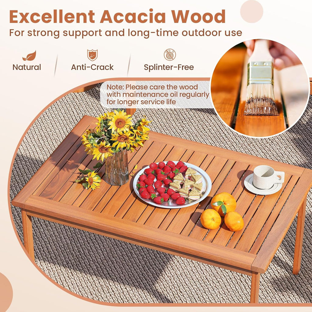 Tangkula 4 Pieces Acacia Wood Patio Conversation Set, Outdoor Wooden Cushioned Chairs & Slatted Coffee Table Set,for Backyard, Porch, Balcony, Poolside and Lawn (Off White,1)