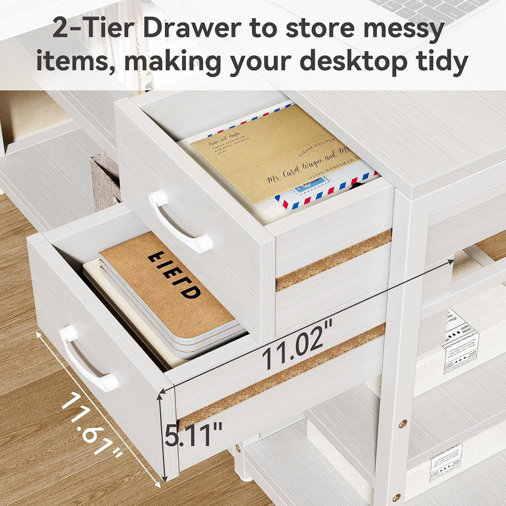 LITTLE TREE 55-Inch L-Shaped Computer Desk, Reversible Computer Desk with Drawers and Storage Shelves, Corner Desk Gaming Desk Work Desk for Home Office, White