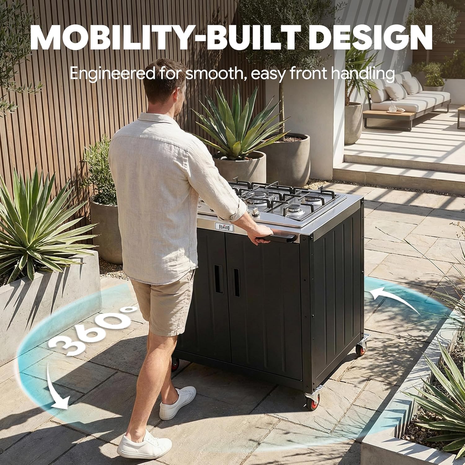 Feasto Gas Grill, Movable Outdoor Gas Stove Stainless Steel Top with Cabinet, 5 Burners with 36,200 BTUs, Outdoor Propane Grill for Outdoor Cooking, Ideal for Lawn & Garden, L35.4 x W24