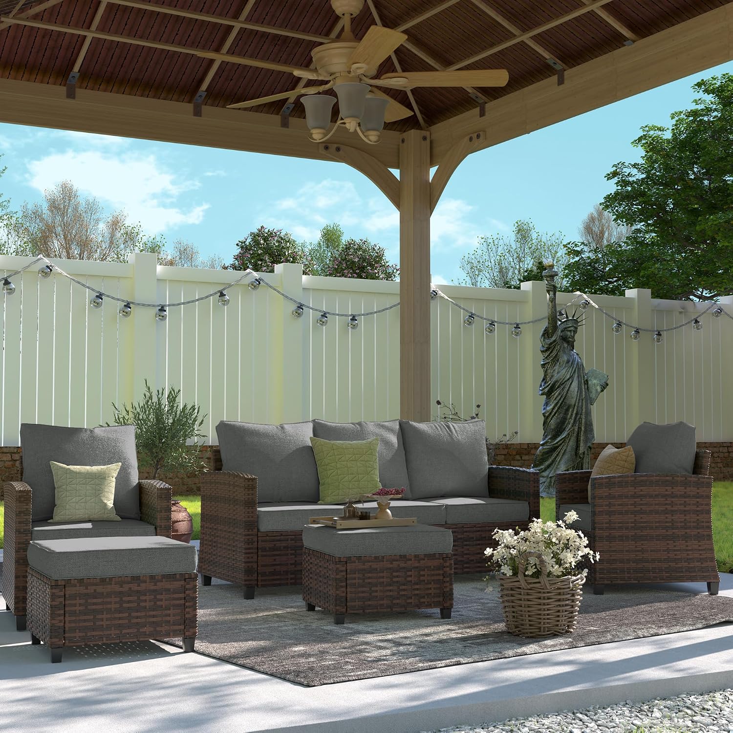 UDPATIO Patio Conversation Set, 5 Pieces Outdoor Furniture Set, All-Weather Wicker Rattan High Back Outdoor Sectional Sofa Set with Ottoman for Poolside, Backyard, Brown Wicker Dark Grey Cushions