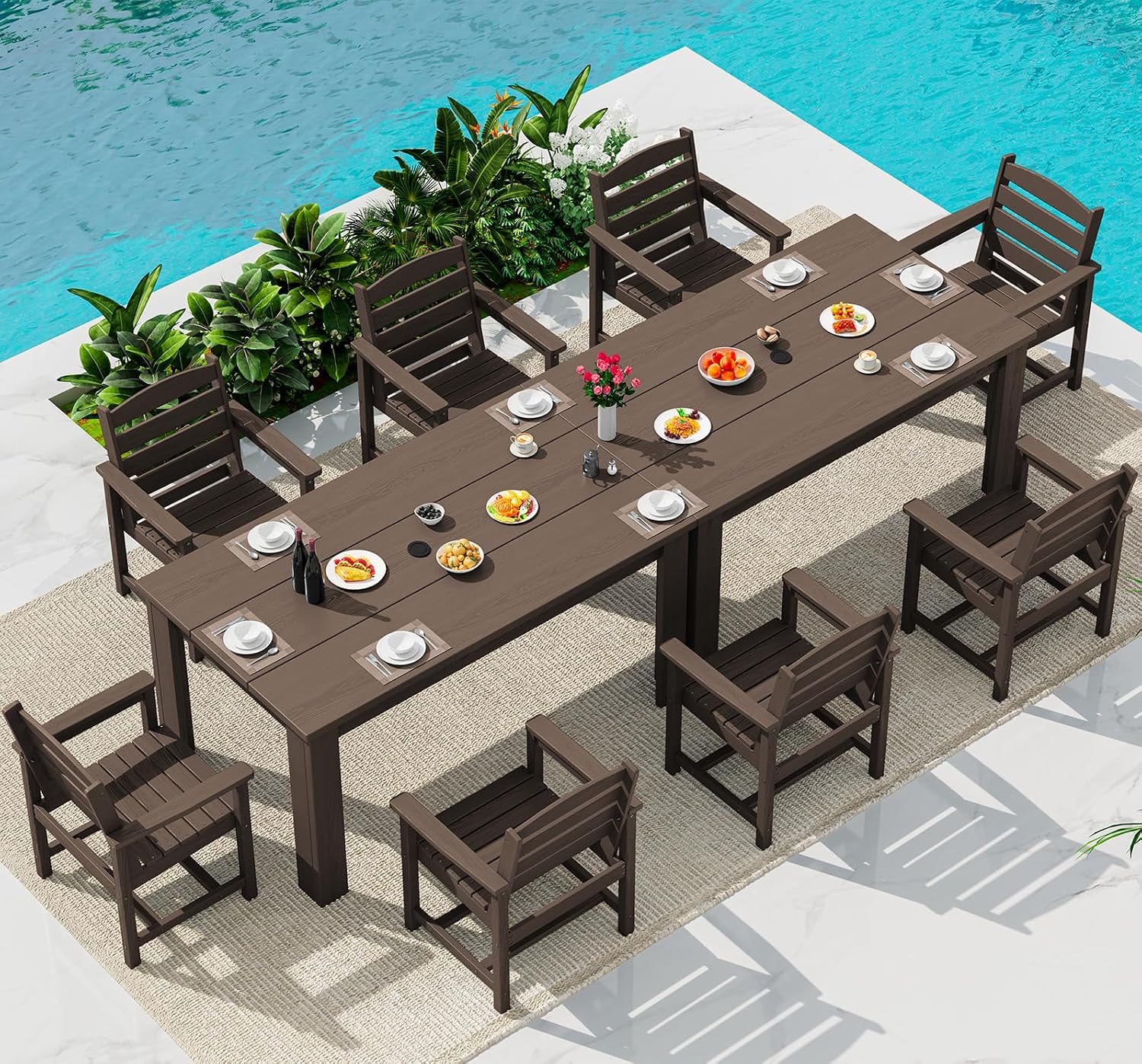 SERWALL Patio Dining Sets for 8, Outdoor Dining Sets for 8 Person with 2 Umbrella Hole Cut-Out Rectangular Tables and 8 Chairs, HDPE Dining Sets for Garden, Backyard, Poolside, Coffee