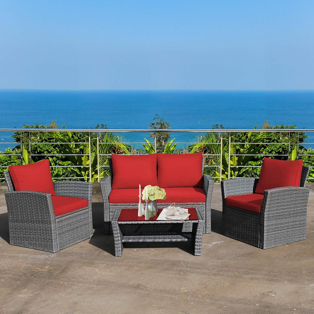 Tangkula 4 Pieces Patio Furniture Set, All Weather Outdoor Sectional Rattan Sofa Set with Cushions & Tempered Glass Table, Wicker Conversation Couch Set for Backyard Garden Poolside