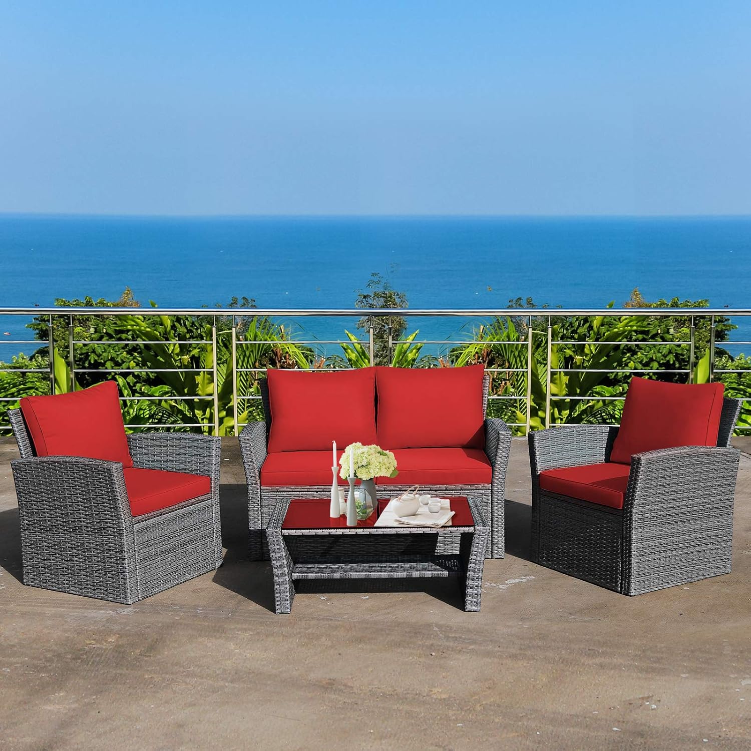 Tangkula 4 Pieces Patio Furniture Set, All Weather Outdoor Sectional Rattan Sofa Set with Cushions & Tempered Glass Table, Wicker Conversation Couch Set for Backyard Garden Poolside