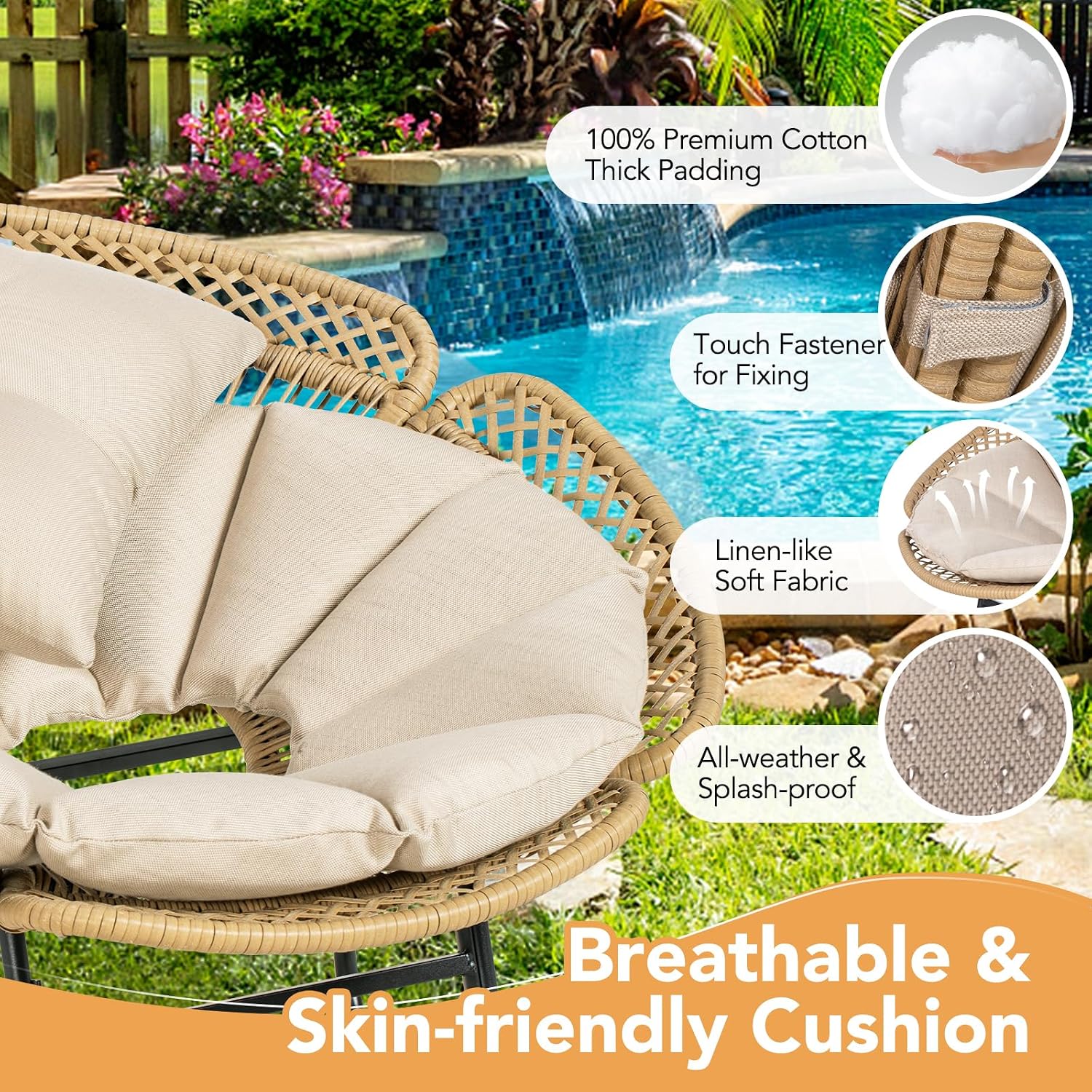 3 Pieces Rattan Bistro Set, Flower-Shaped Wicker Patio Furniture Set with Cushion & Pillow, Bistro Table and Chairs Set of 2 with Glass Top Table Adjustable Foot Pads in Balcony, Apartment